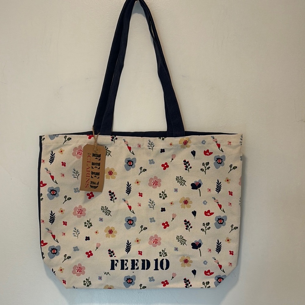 FEED for Clarins Floral Canvas Tote Bag - Cream and Blue NWT